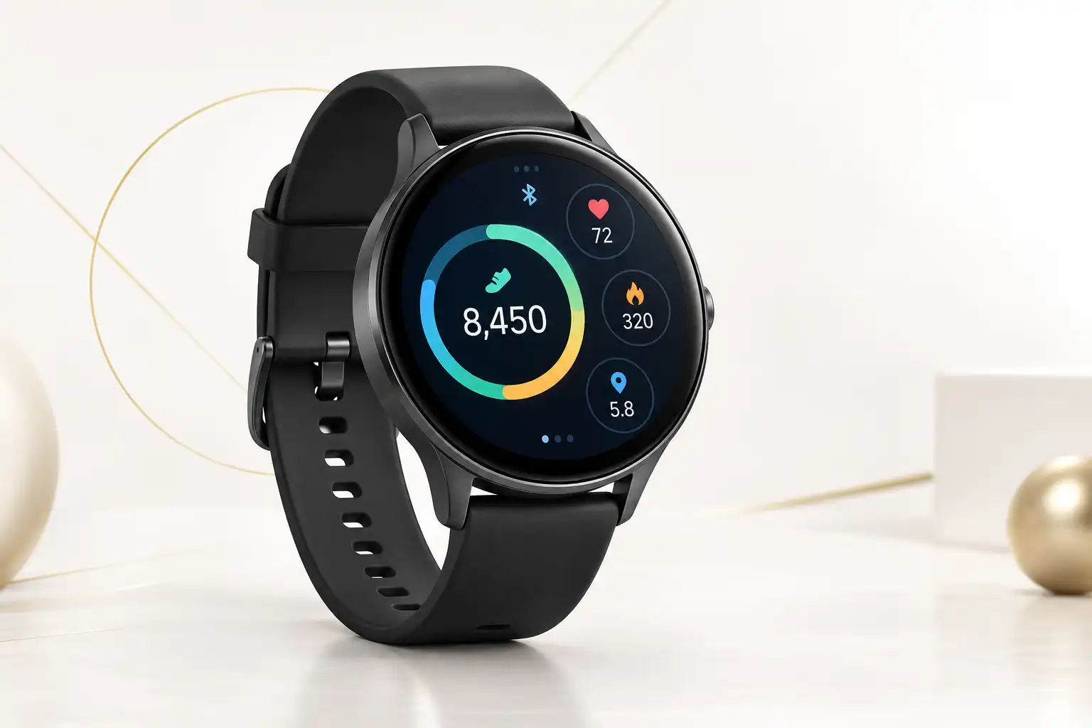 Round fitness watch with activity tracking display
