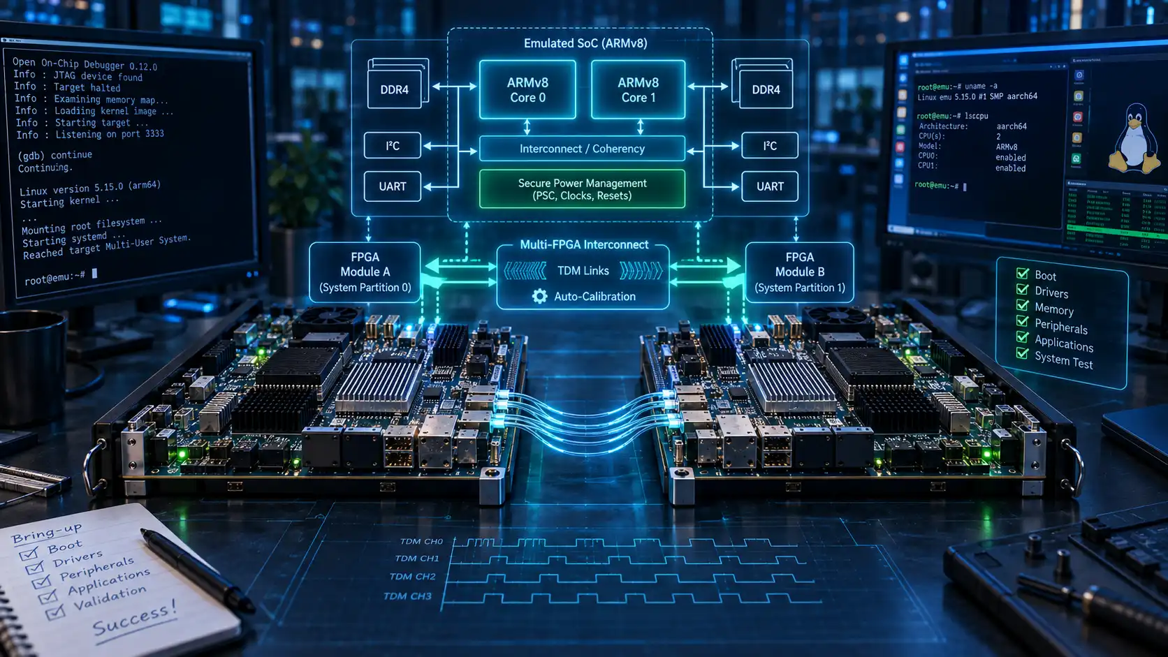 ARMv8 dual-core SoC emulation across multiple FPGAs with TDM interconnect, DDR4 and Linux bring-up