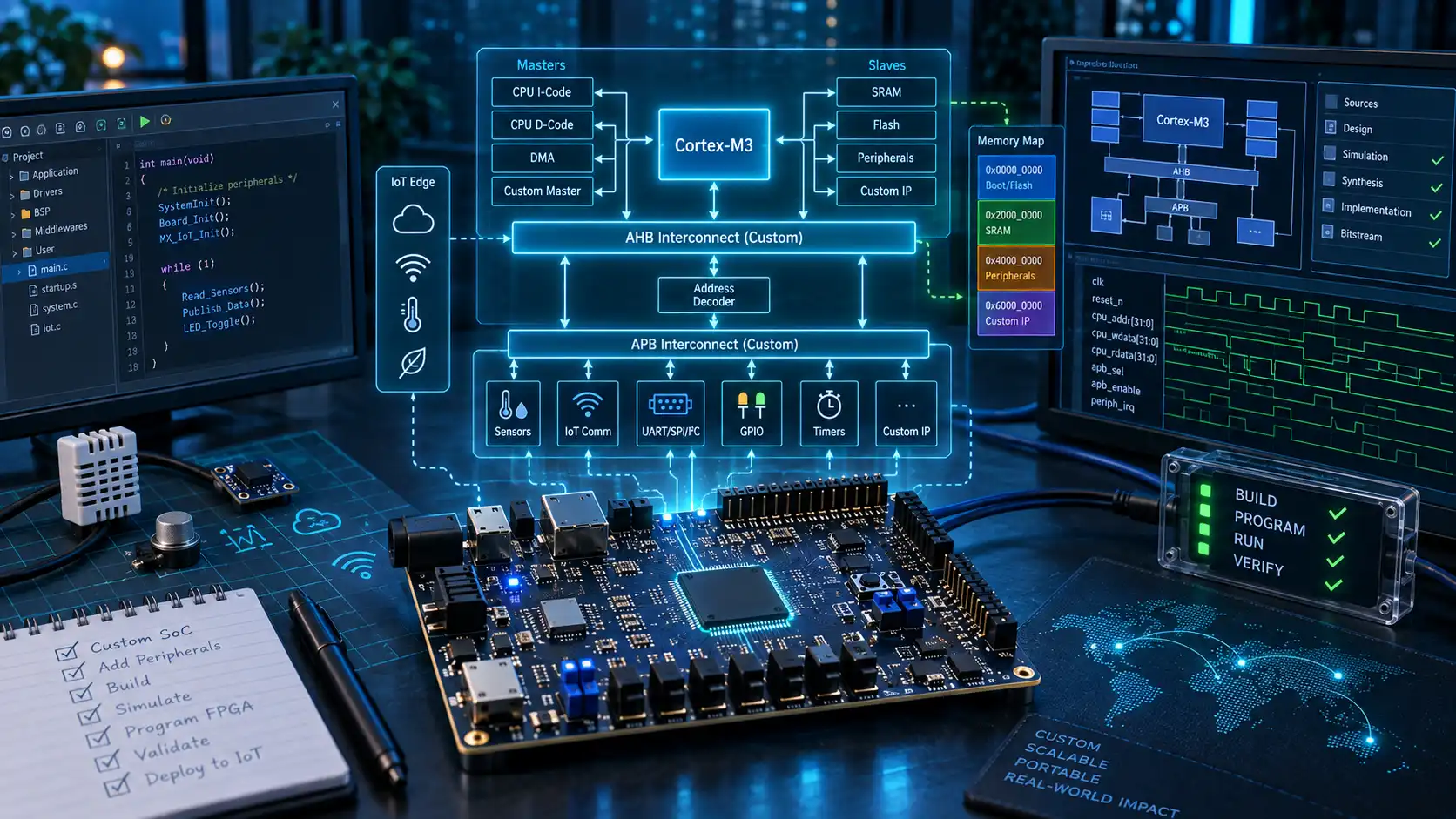 Customized Cortex-M3 IoT subsystem on FPGA with AHB and APB interconnects, peripherals and hardware verification