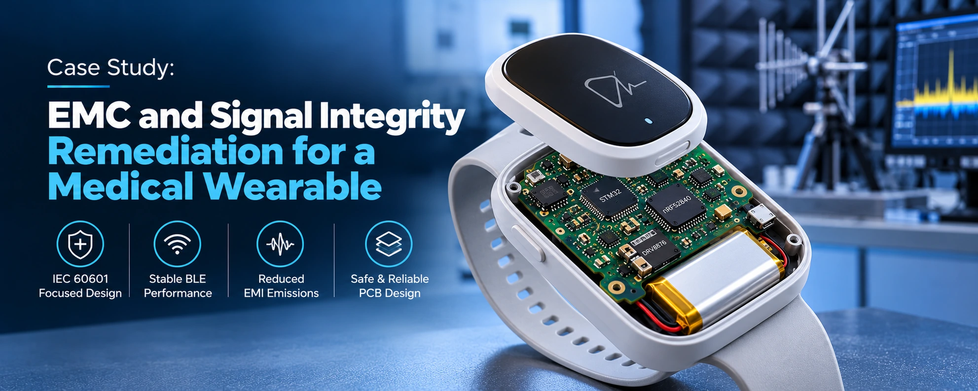 EMC medical wearable engineering case study featuring PCB design, electromagnetic compatibility testing, EMI reduction, and IEC 60601 compliance for wearable medical devices.