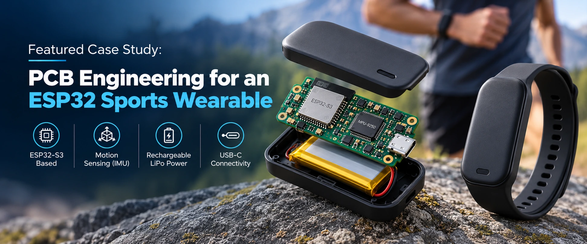ESP32-based sports wearable engineering case study featuring PCB design, motion sensor integration, and compact wearable electronics.