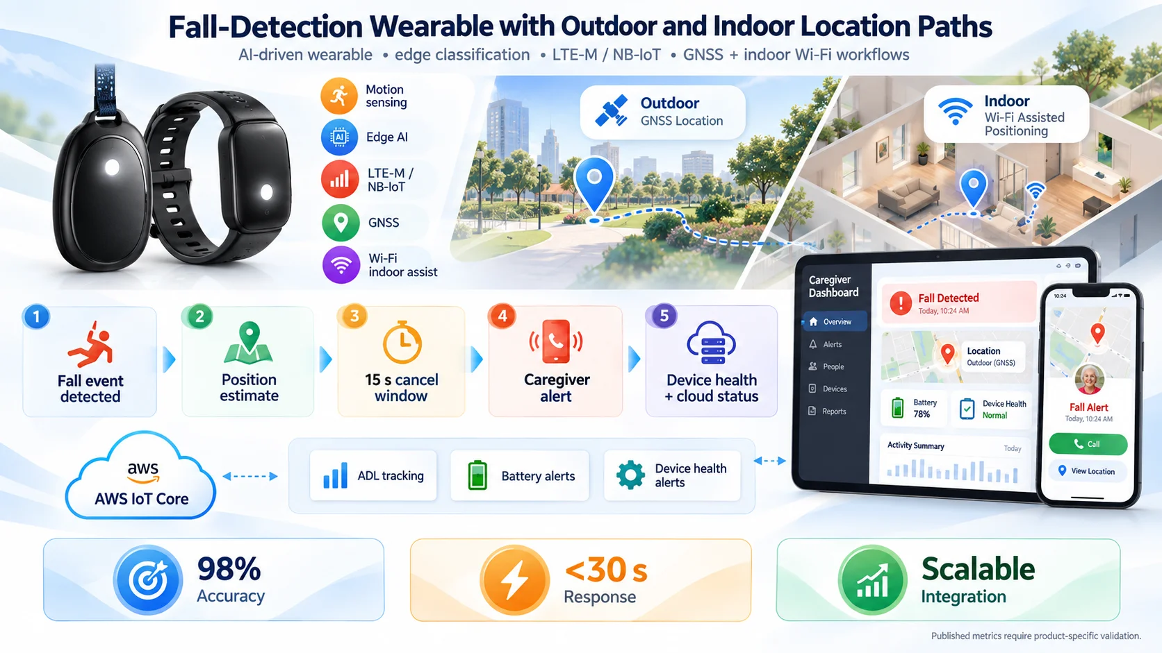 Fall-detection wearable with outdoor and indoor location paths