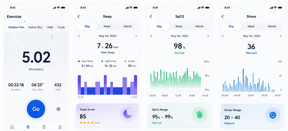 Flutter healthcare and fitness wearable mobile app UI.