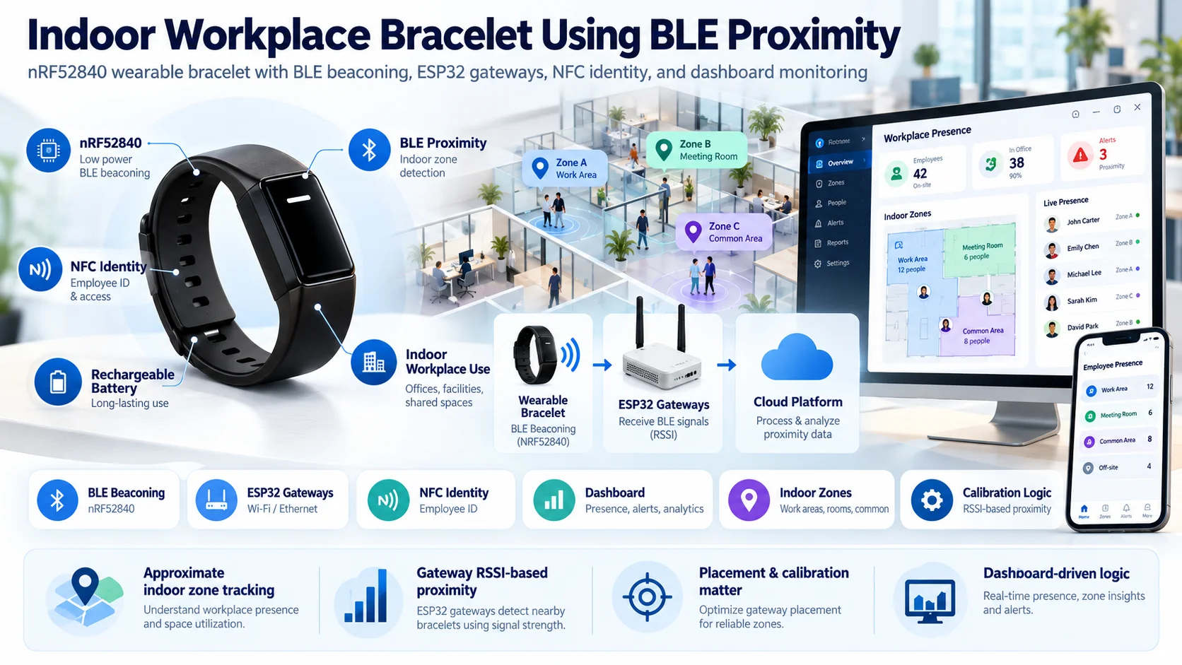 Indoor workplace bracelet using BLE proximity