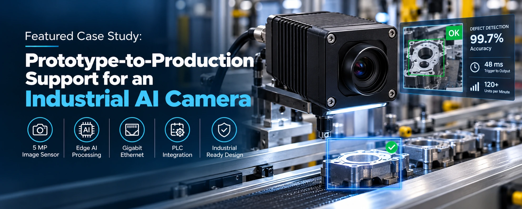 Industrial AI camera inspection case study featuring custom PCB design, embedded AI technology, machine vision, automated defect detection, and industrial quality control.