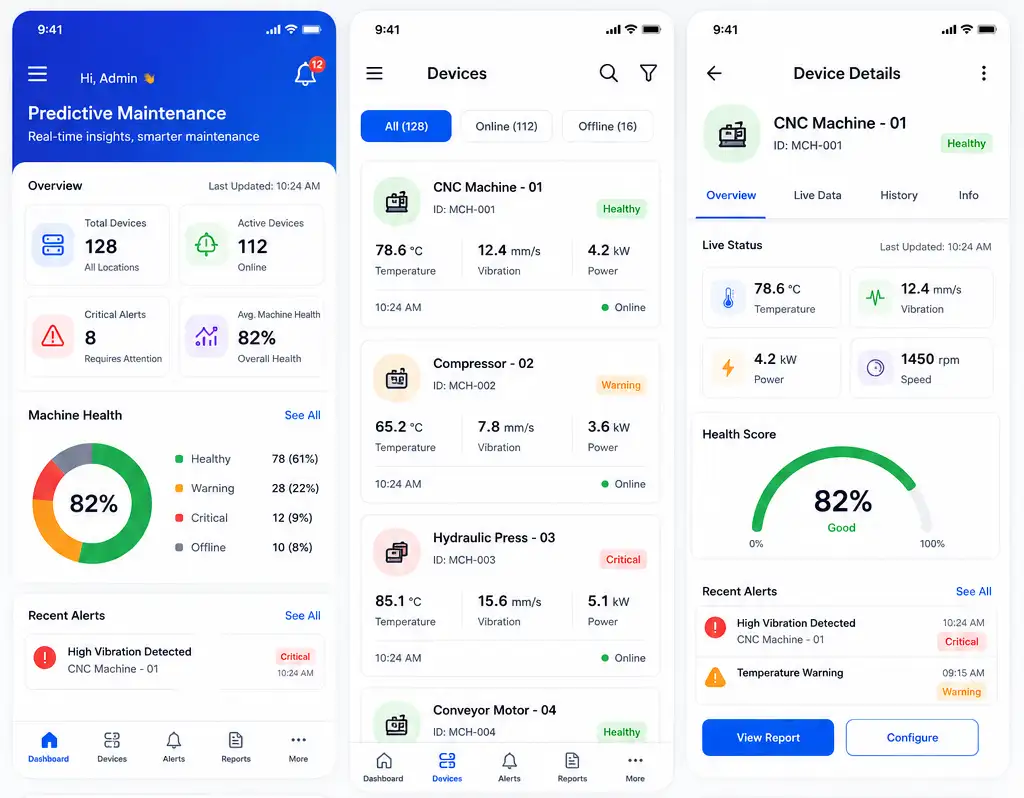 Industrial predictive maintenance IoT app UI