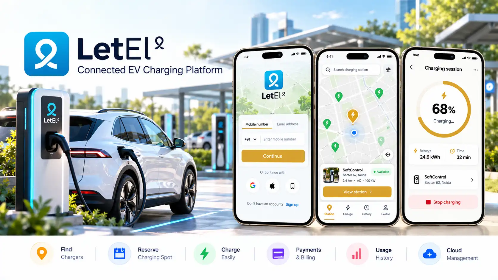 LetEl connected EV charging platform and custom charger
