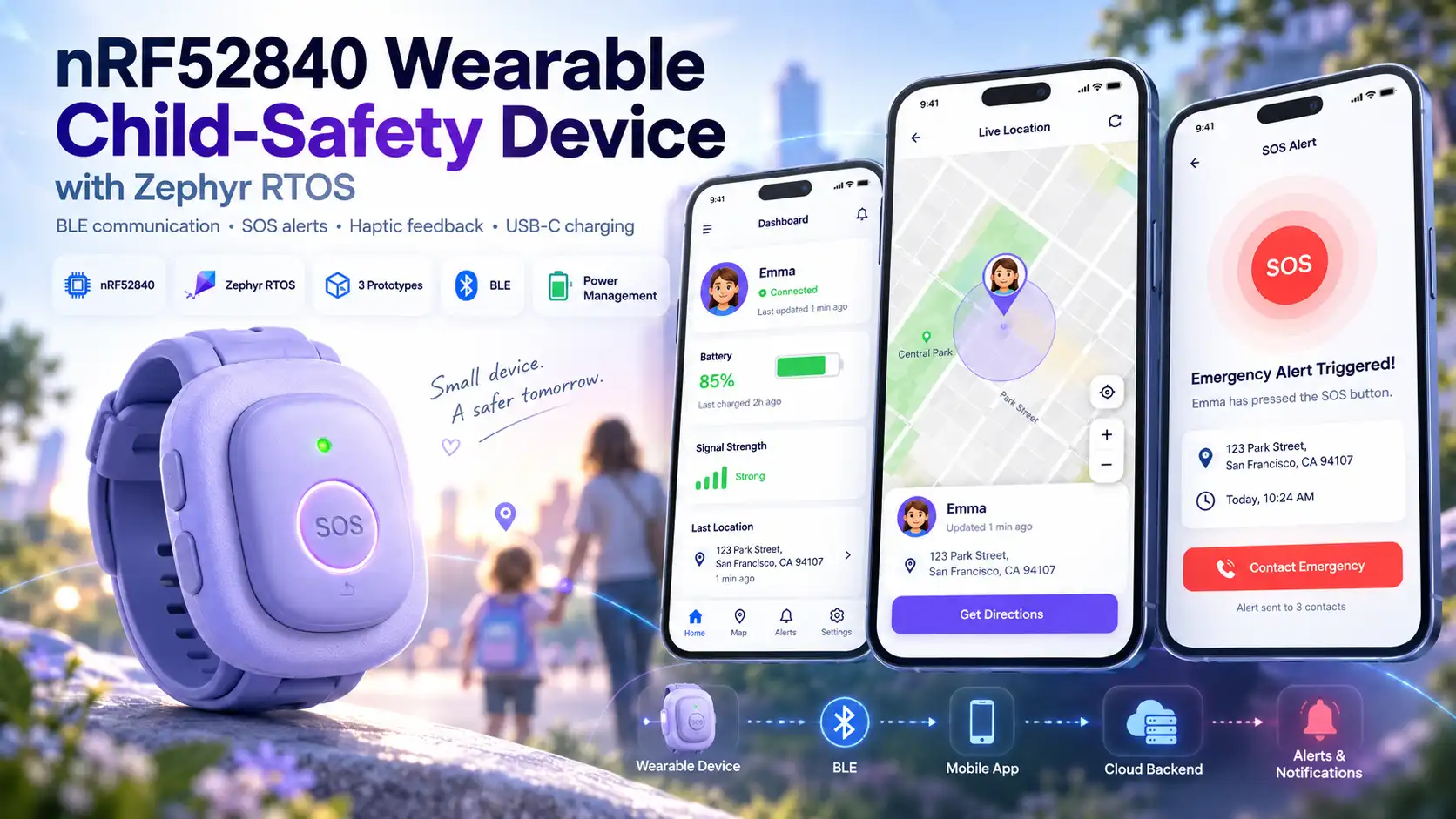 USB-C rechargeable nRF52840 child-safety wearable