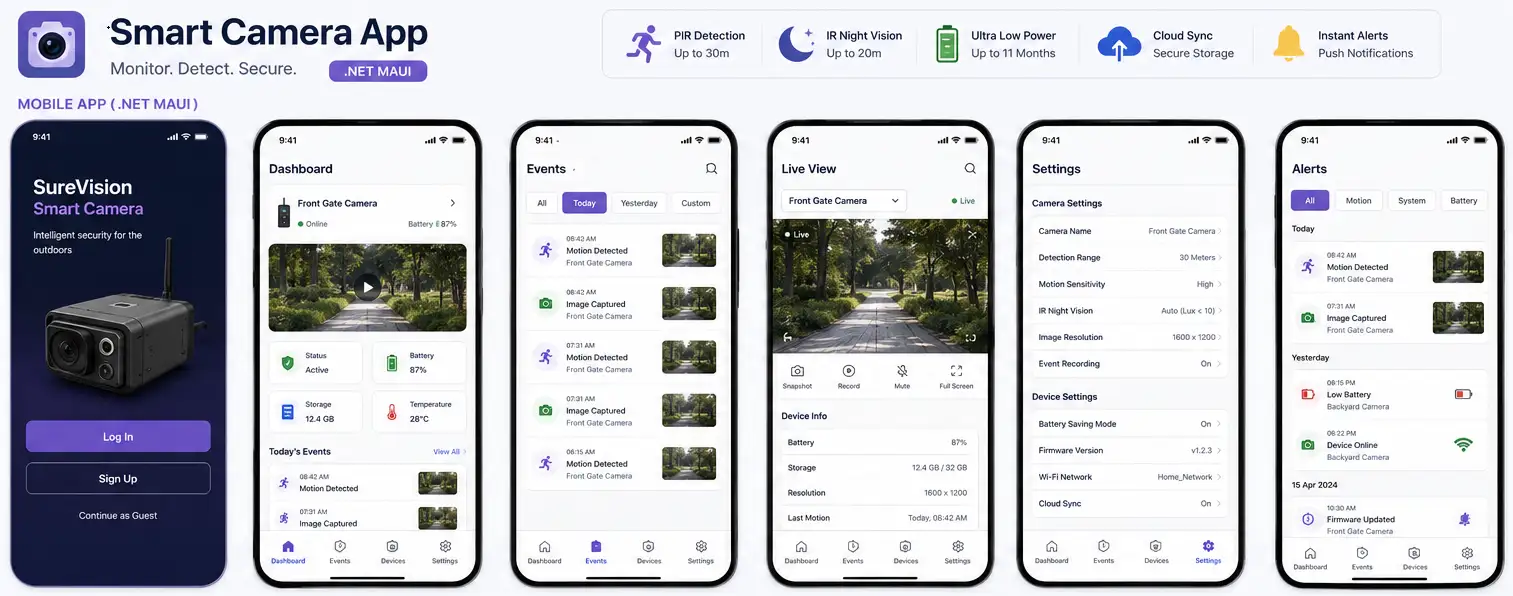 Smart camera development using ESP32, PIR sensor, IR night vision, and .NET MAUI mobile app for real-time monitoring and control.