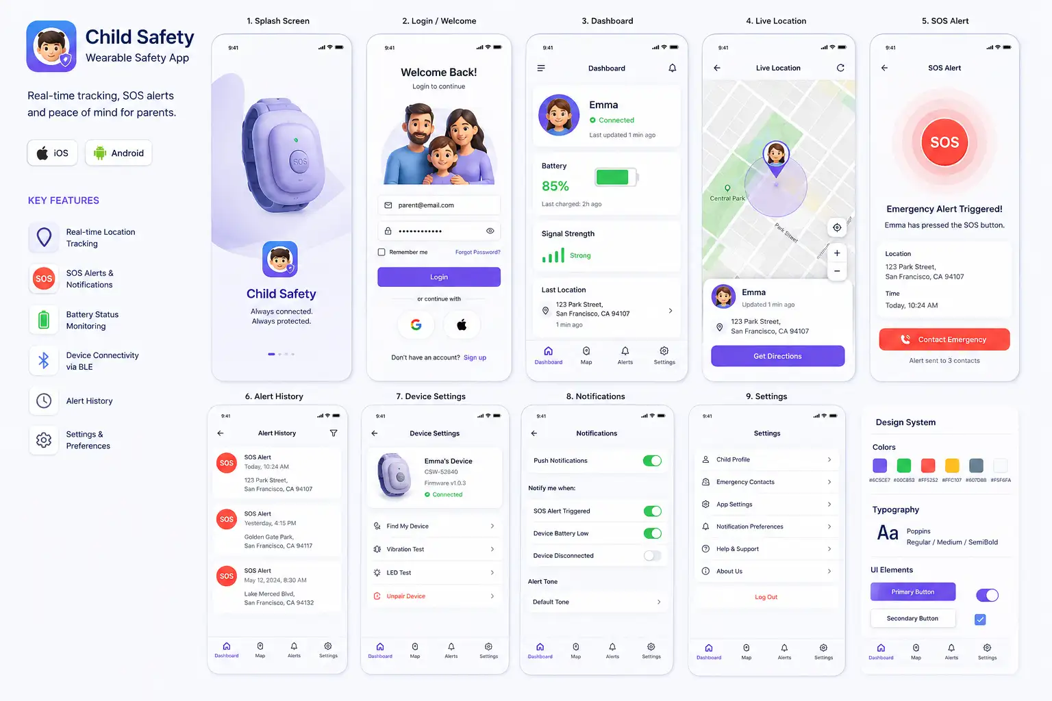 Wearable child tracking device mobile app UI landing page using nRF52840 and .NET MAUI