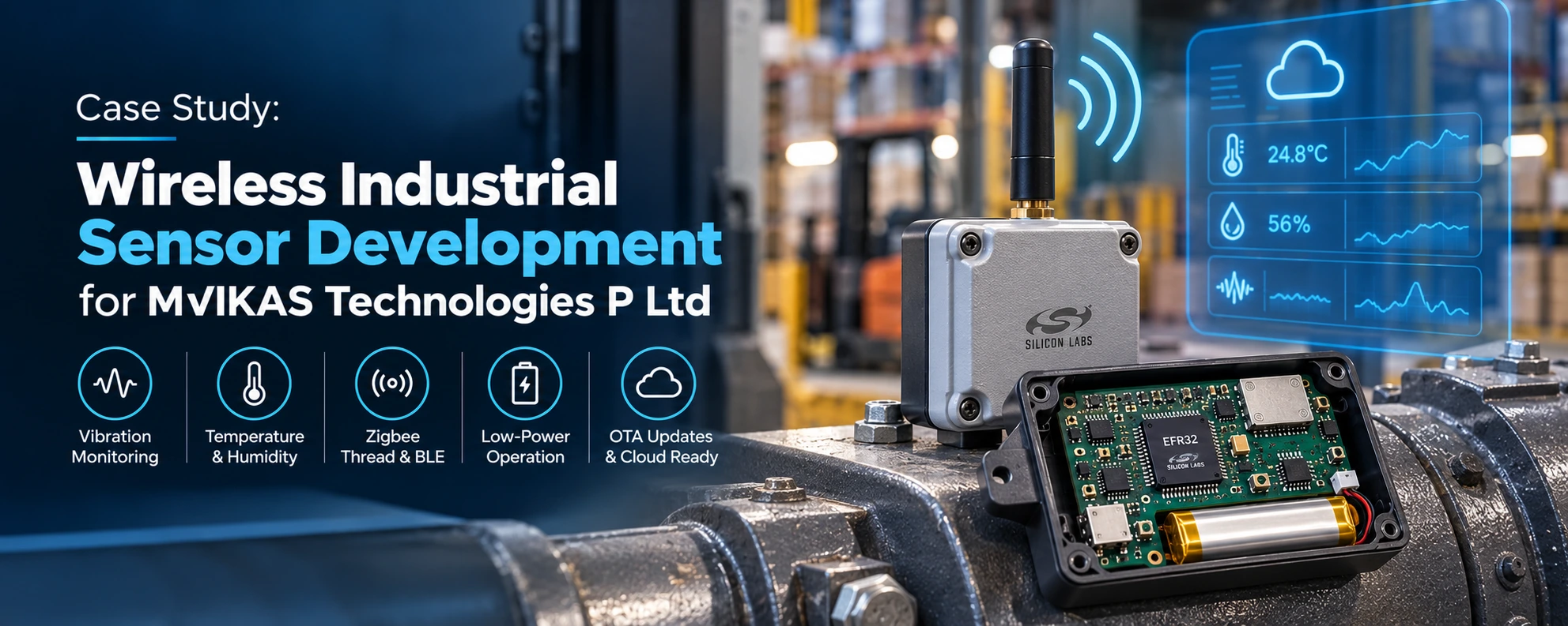 Wireless industrial sensor showcasing IoT technology, custom PCB design, wireless connectivity, and real-time industrial equipment monitoring.